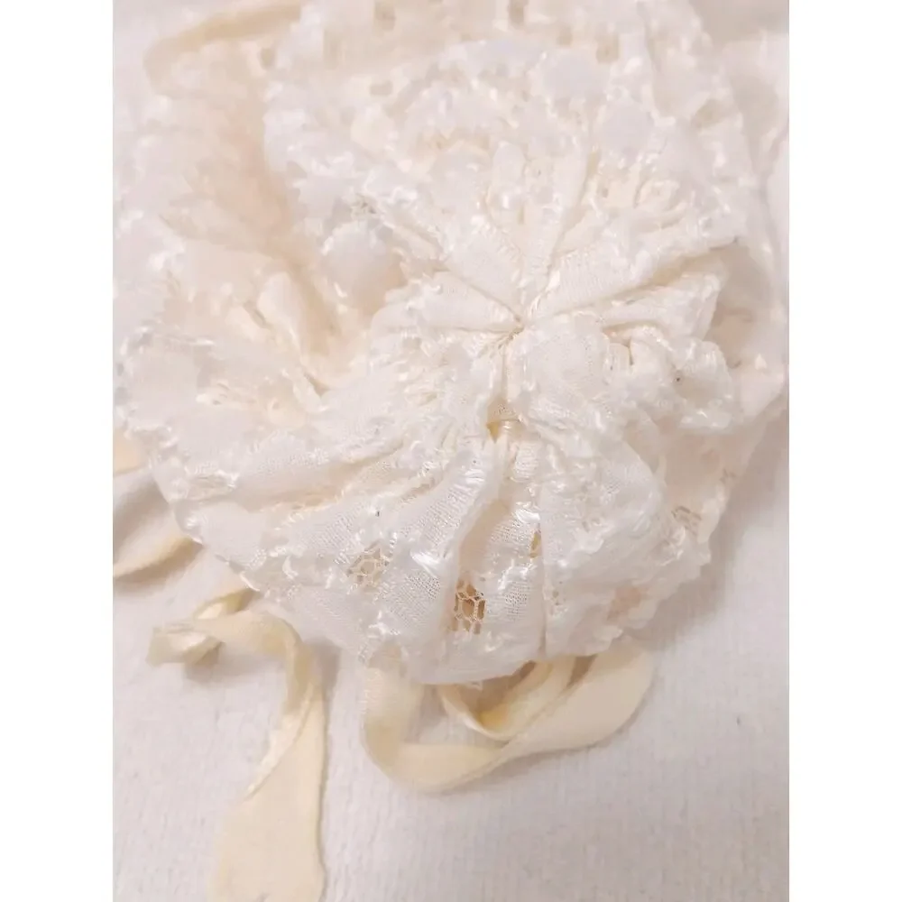 Antique Baby Bonnet Size Small Ivory Ruffled Lace Light Yellow Infant 0-2 Months
